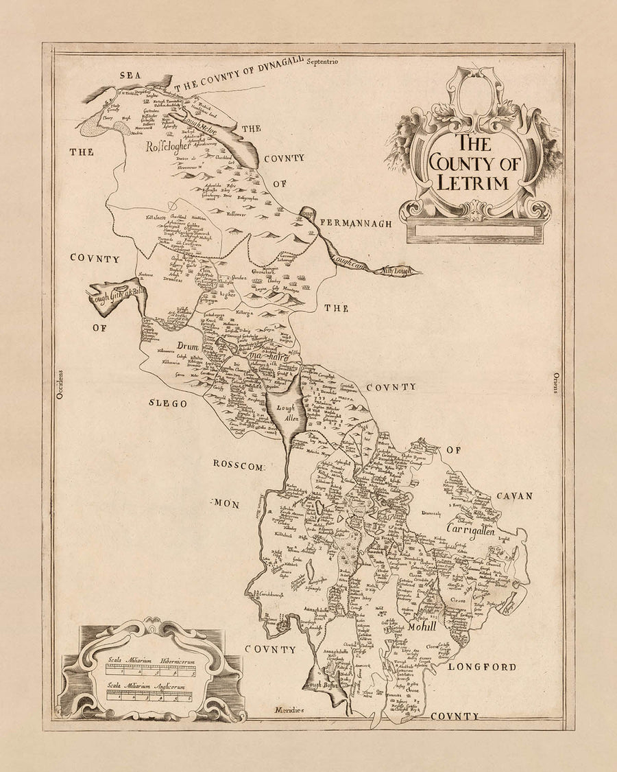 Vecchia mappa della contea di Leitrim di Petty, 1685: Carrick-on-Shannon, Jamestown, Ballinamore, Mohill, Carrigallen, Down Survey 