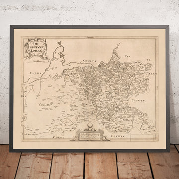 Mapa antiguo del condado de Limerick por Petty, 1685: Limerick, Newcastle West, Rathkeale, Castillo del Rey Juan, Castillo de Desmond