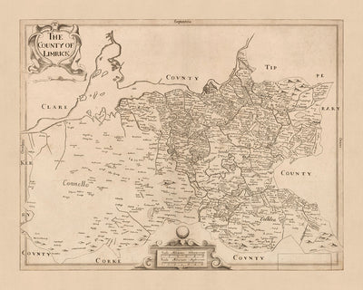 Alte Karte der Grafschaft Limerick von Petty, 1685: Limerick, Newcastle West, Rathkeale, King John's Castle, Desmond Castle