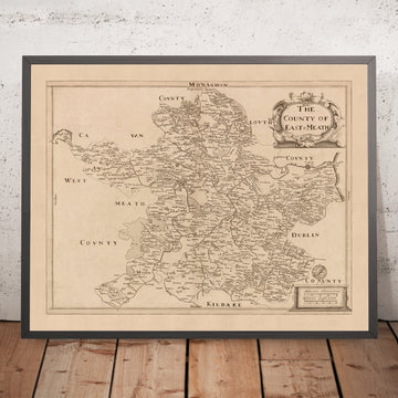 Antigua mapa del condado de Meath (Meath del Este) por Petty, 1685: Trim, Navan, Kells, Ashbourne, Drogheda, Skerries 