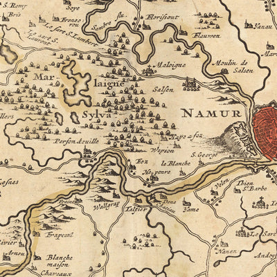 Old Map of County of Namur, Belgium by Visscher, 1690: Charleroi, Dinant, Sambreville, Huy, Gembloux