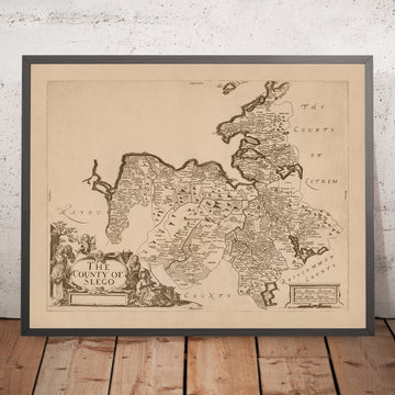 Antigua mapa del condado de Sligo por Petty, 1685: Boyle, Knocknarea, Lough Gill, Benbulben, montañas de Ox 