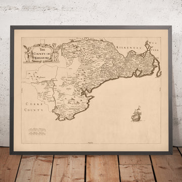 Alte Karte des County Waterford von Petty, 1685: Waterford, Lismore, Tallow, Youghal, Cappoquin 