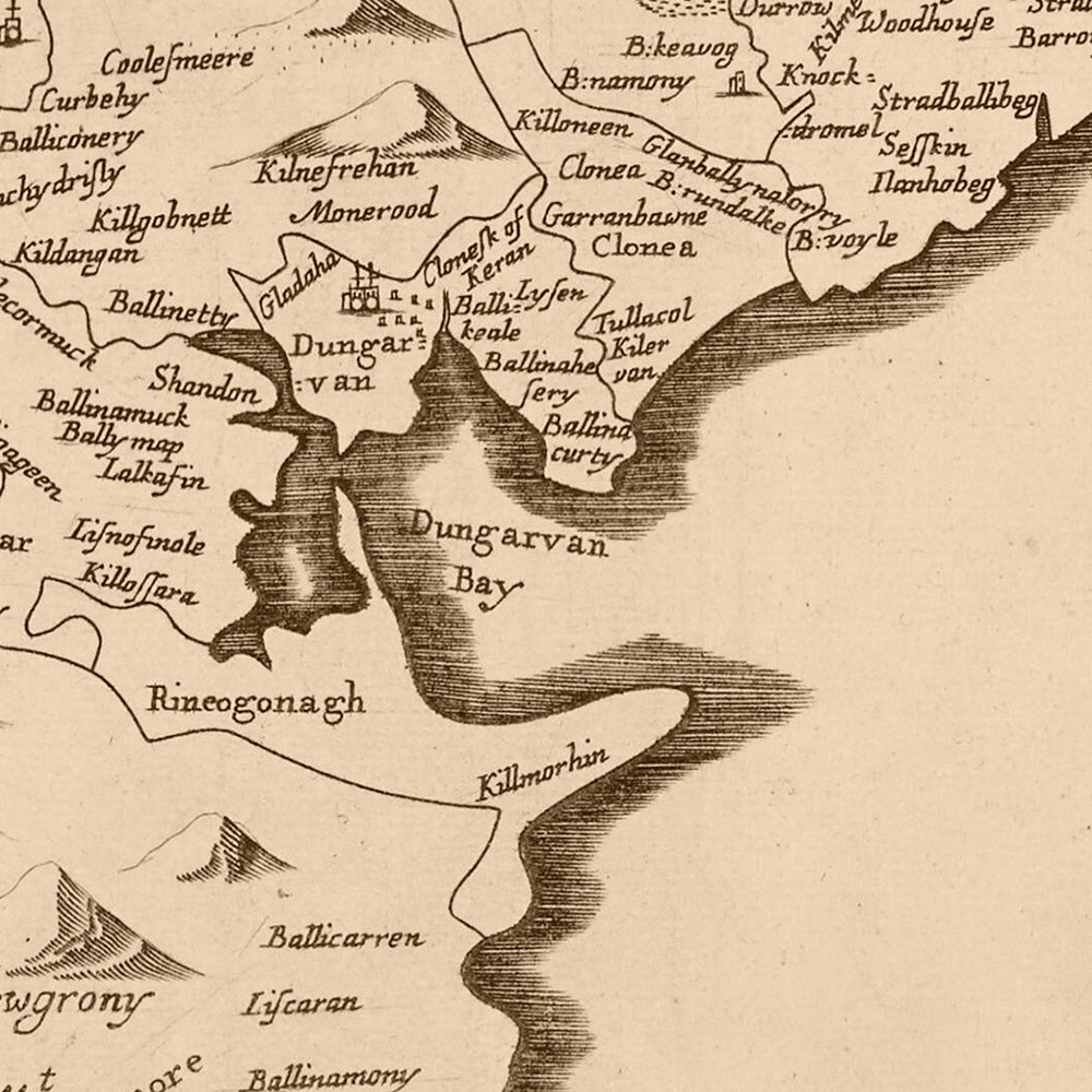 Ancienne carte du comté de Waterford par Petty, 1685 : Waterford, Lismore, Suif, Youghal, Cappoquin
