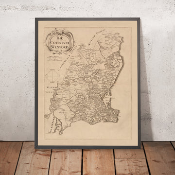 Antigua mapa del condado de Wexford por Petty, 1685: Clonmines, Enniscorthy, New Ross, Bannow, Duncormick 