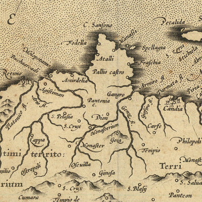 Mapa antiguo de Grecia de Mercator, 1610: Creta, Corfú, Zante, Santorini, montañas