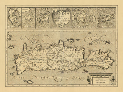 Mapa antiguo de Grecia de Mercator, 1610: Creta, Corfú, Zante, Santorini, montañas