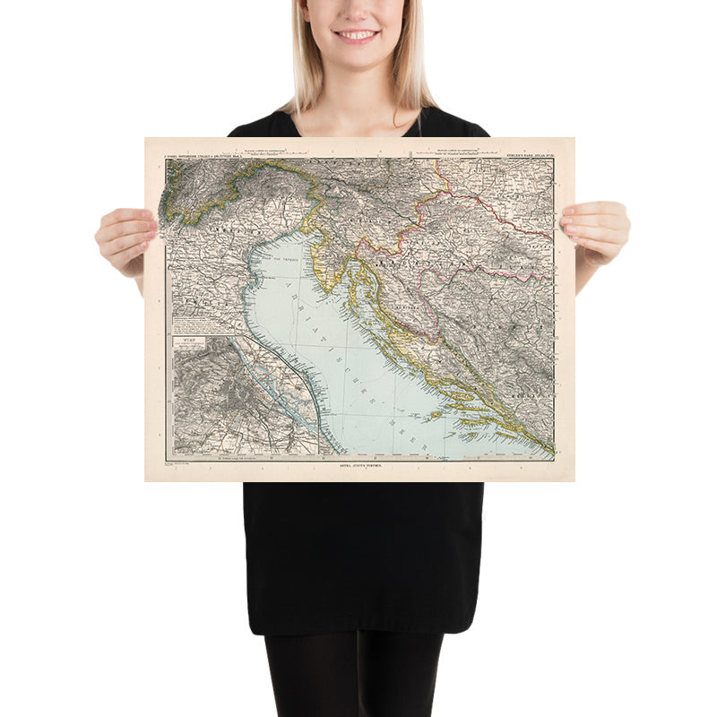 Antica mappa della Croazia e della Bosnia di Adolf Stieler, 1894: Mare Adriatico, la costa dalmata e le montagne Velebit 