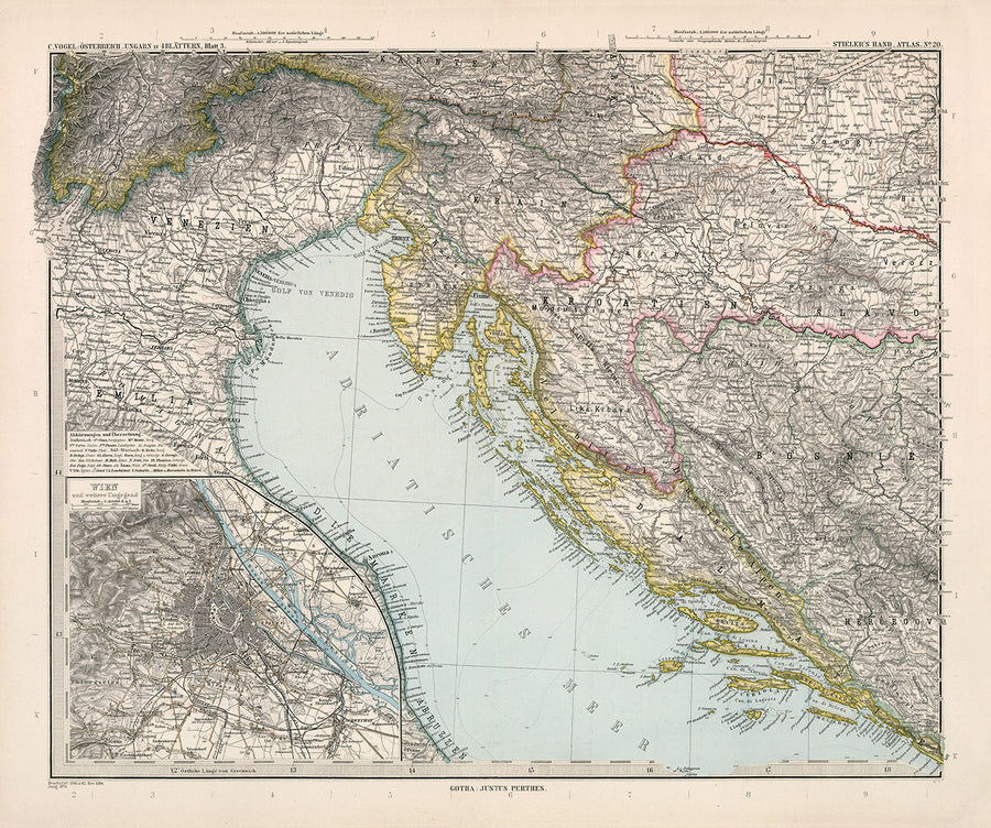 Antica mappa della Croazia e della Bosnia di Adolf Stieler, 1894: Mare Adriatico, la costa dalmata e le montagne Velebit 