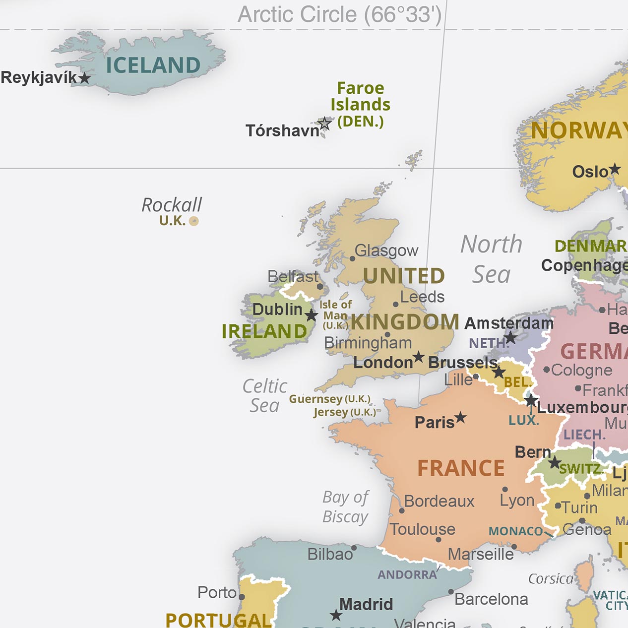 Modern World Map: Political Borders, Robinson Projection, Capitals & Major Cities