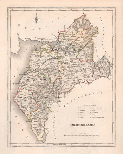 Old Map of Cumberland by Samuel Lewis, 1844: Carlisle, Whitehaven, Workington, Penrith, and Keswick