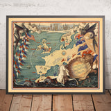 Old Cunard Caronia Coronation Cruise Map, 1953: London, Paris, Rome, Gibraltar, Athens
