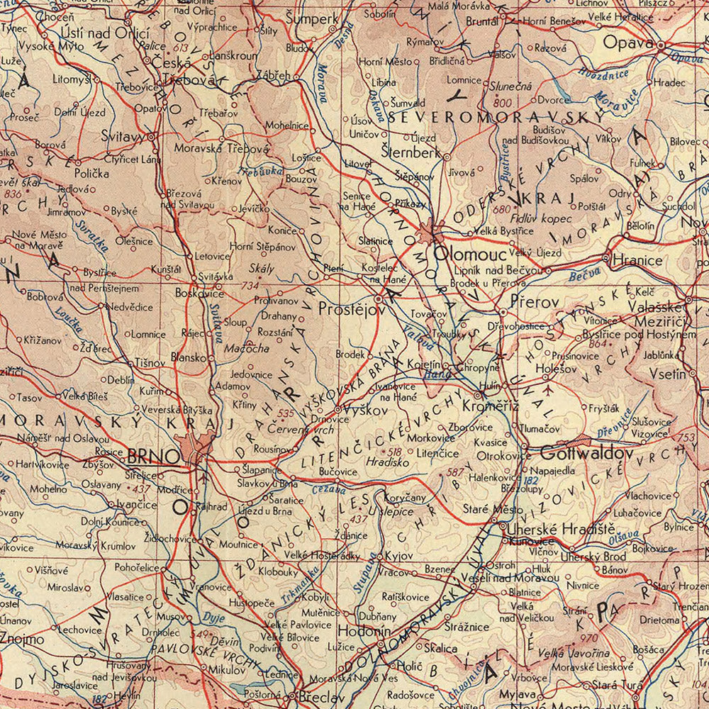 Ancienne carte de la Tchécoslovaquie, 1967 : Prague, Bratislava, Brno, Ostrava, Parc national de Krkonoše