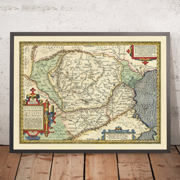 Antica mappa di Romania e Bulgaria di Ortelio, 1603: fiume Danubio, montagne Carpazie, mare Nero, Dacia, Mesia 