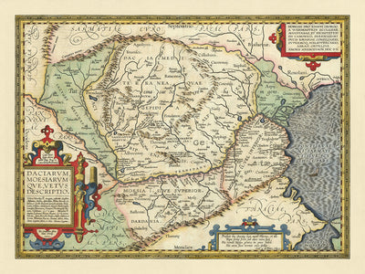 Ancienne carte de la Roumanie et de la Bulgarie par Ortelius, 1603 : Danube, Carpates, mer Noire, Sarmizegetusa, Thrace