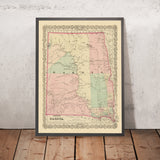 Old Map of North and South Dakota by J.H. Colton, 1873: Sioux Falls, Yankton, Vermillion, Brookings, and Watertown