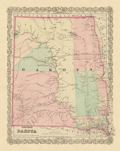 Old Map of North and South Dakota by J.H. Colton, 1873: Sioux Falls, Yankton, Vermillion, Brookings, and Watertown