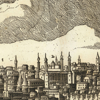 Old Birdseye Map of Damascus by Koppmayr, 1684: Domes, Minarets, Mountains, Greenery, Human Activities