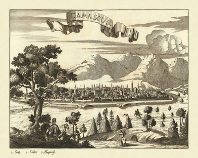 Ancienne carte à vol d'oiseau de Damas par Koppmayr, 1684 : dômes, minarets, montagnes, verdure, activités humaines