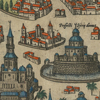 Alte Vogelaugenkarte von Damaskus von Braun & Hogenberg, 1599: Befestigte Mauern, Moscheen, Via Recta, Berge, Wasserwege