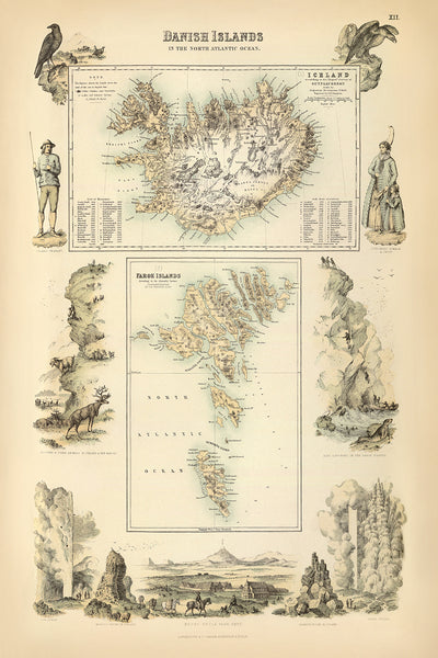Ancienne carte de l'Islande et des îles Féroé par Fullarton, 1872 : Reykjavik, Torshavn, montagnes, illustrations, monuments