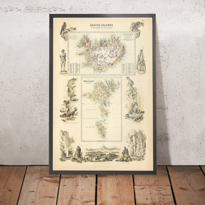 Ancienne carte de l'Islande et des îles Féroé par Fullarton, 1872 : Reykjavik, Torshavn, montagnes, illustrations, monuments