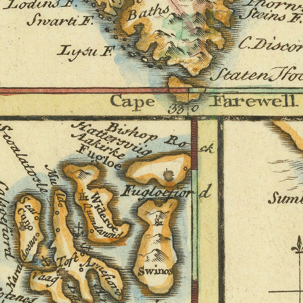 Mapa antiguo de Islandia, Islas Feroe y Groenlandia por Bowen, 1747: Skalholt, Holum, Suðuroy, Estrecho de Davis, Whirlpool