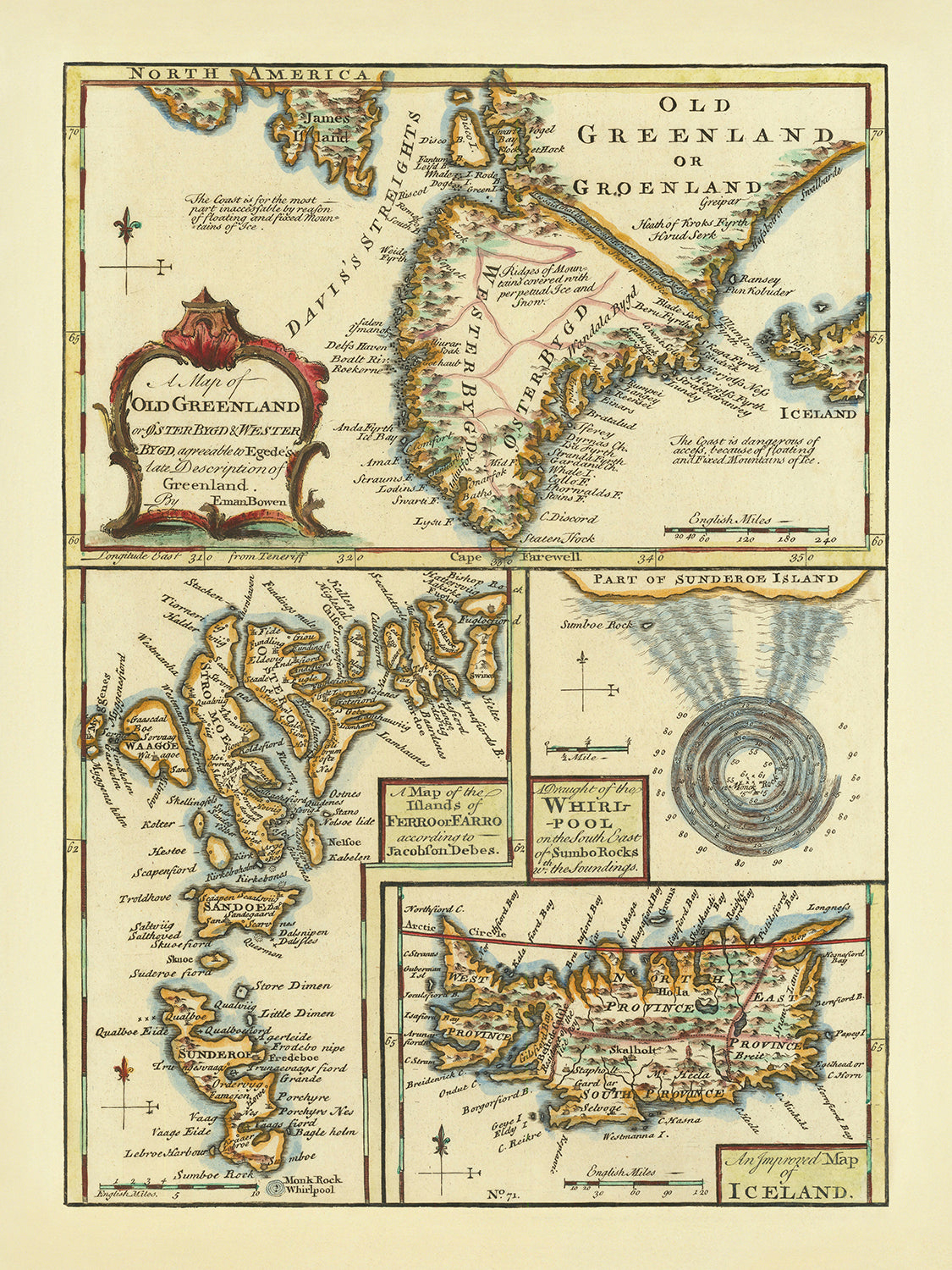 Ancienne carte de l'Islande, des îles Féroé et du Groenland par Bowen, 1747 : Skalholt, Holum, Suðuroy, le détroit de Davis, Whirlpool