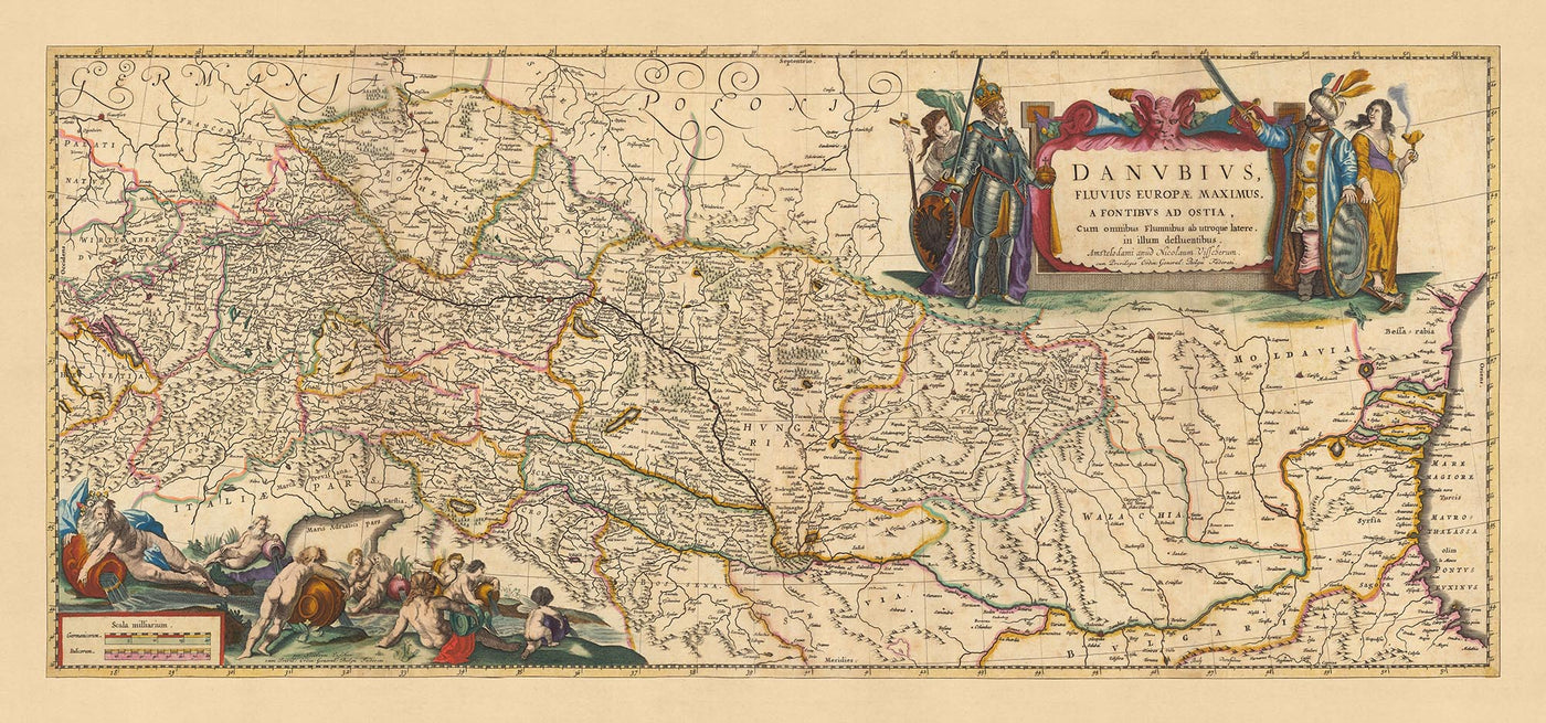 Old Map of the Danube River: Visscher, 1690: Mouth to Source, Vienna, Budapest, Prague, Bucharest, Zagreb