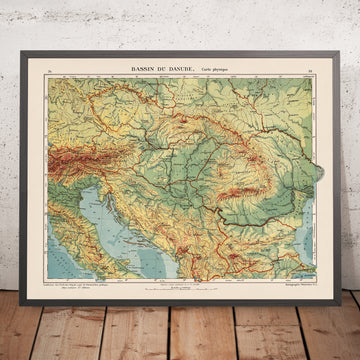 Old Map of the Danube River in Europe by Kartographia Winterthur, 1921: Munich, Vienna, Belgrade, Budapest, Bucharest
