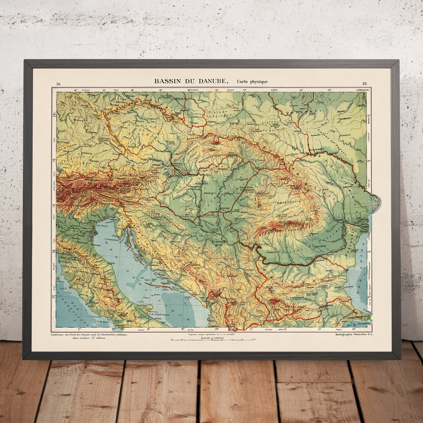 Alte Karte von Mittel- und Osteuropa von Kartographia Winterthur, 1921: Donau, München, Wien, Belgrad, Budapest, Bukarest