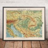 Old Map of the Danube River in Europe by Kartographia Winterthur, 1921: Munich, Vienna, Belgrade, Budapest, Bucharest