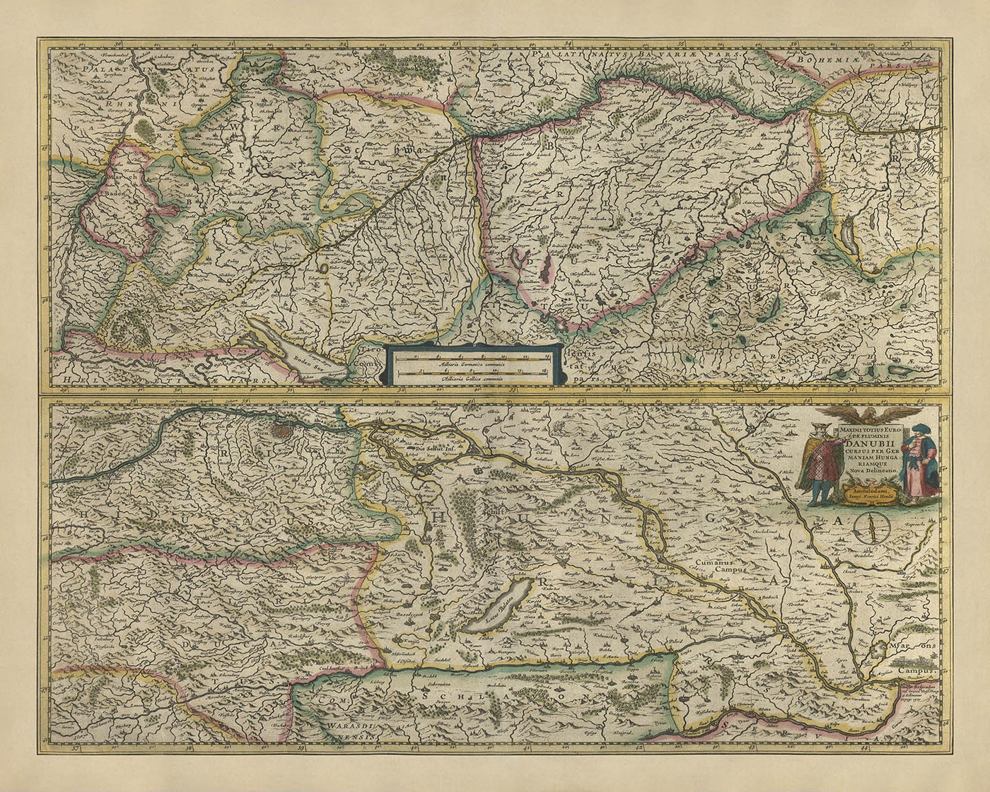 Antiguo mapa de Europa central y oriental de Mercator y Hondius, 1633: Danubio, Viena, Alpes, Selva Negra, Cárpatos