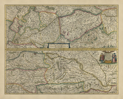 Old Map of the Danube River in Europe by Mercator and Hondius, 1633: Vienna, Budapest, Belgrade, Alps, Hungary