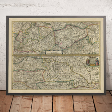 Mappa antica del fiume Danubio in Europa di Mercatore e Hondius, 1633: Vienna, Budapest, Belgrado, Alpi, Ungheria 