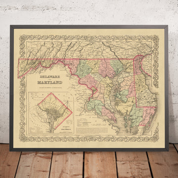Antica mappa del Delaware, Maryland e Washington D.C. di J.H. Colton, 1859: Wilmington, Baltimora, Annapolis, Dover 