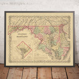 Old Map of Delaware, Maryland & Washington D.C. by J.H. Colton, 1859: Wilmington, Baltimore, Annapolis, Dover