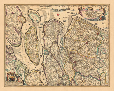 Old Map of Delfland and Schieland by Visscher, 1690: The Hague, Rotterdam, Delft, Hellevoetsluis, Ridderkerk