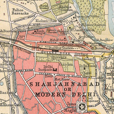 Old Map of Delhi by Bartholomew, 1893: Shahjahanabad, Jumma Musjid, River Yamuna, Delhi Gate, Cashmere Gate