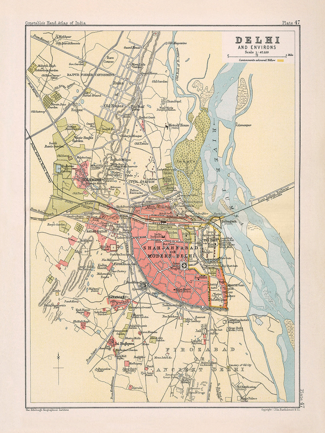 Mapa antiguo de Delhi por Bartolomé, 1893: Shahjahanabad, Jumma Musjid, río Yamuna, Puerta de Delhi, Puerta de Cachemira
