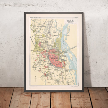 Old Map of Delhi by Bartholomew, 1893: Shahjahanabad, Jumma Musjid, River Yamuna, Delhi Gate, Cashmere Gate
