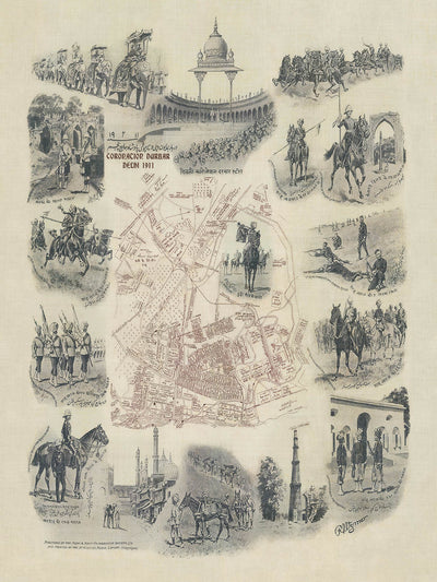 Antiguo mapa pictórico de Delhi por Wymer, 1911: Pabellón de la Coronación, Kingsway, Parque de la Coronación, Regimientos, Procesión de Elefantes