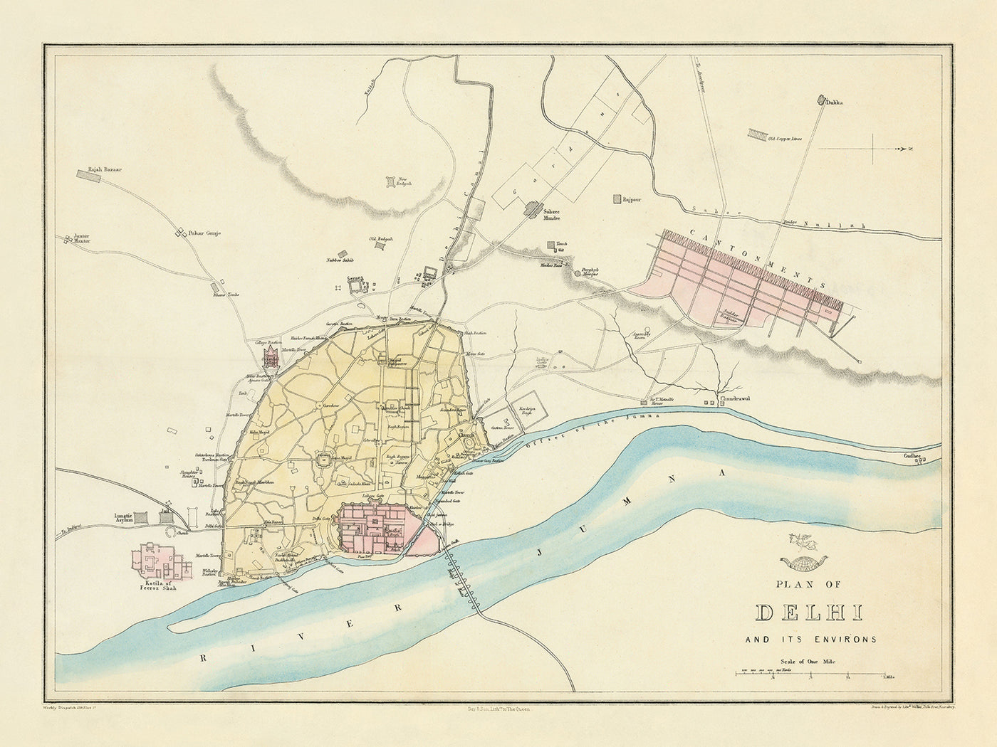 Mapa antiguo de Delhi por Weller, 1860: Jama Musjid, el palacio, el puente de los barcos, los acantonamientos, el río Jumna