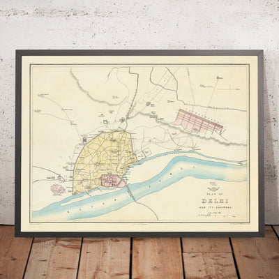 Ancienne carte de Delhi par Weller, 1860 : Jama Musjid, le palais, le pont de bateaux, les cantonnements, la rivière Jumna