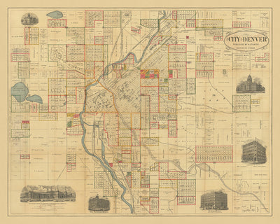 Ancienne carte de Denver par Thayer, 1883 : Platte River, Cherry Creek, City Park, Exposition Building, Windsor Hotel