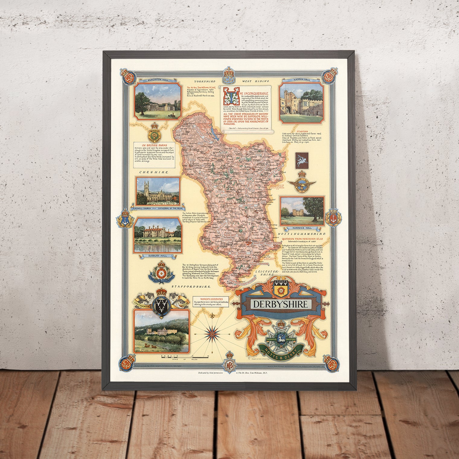 Old Pictorial Map of Derbyshire by Clegg, 1946: Derby, Chatsworth, Ked ...