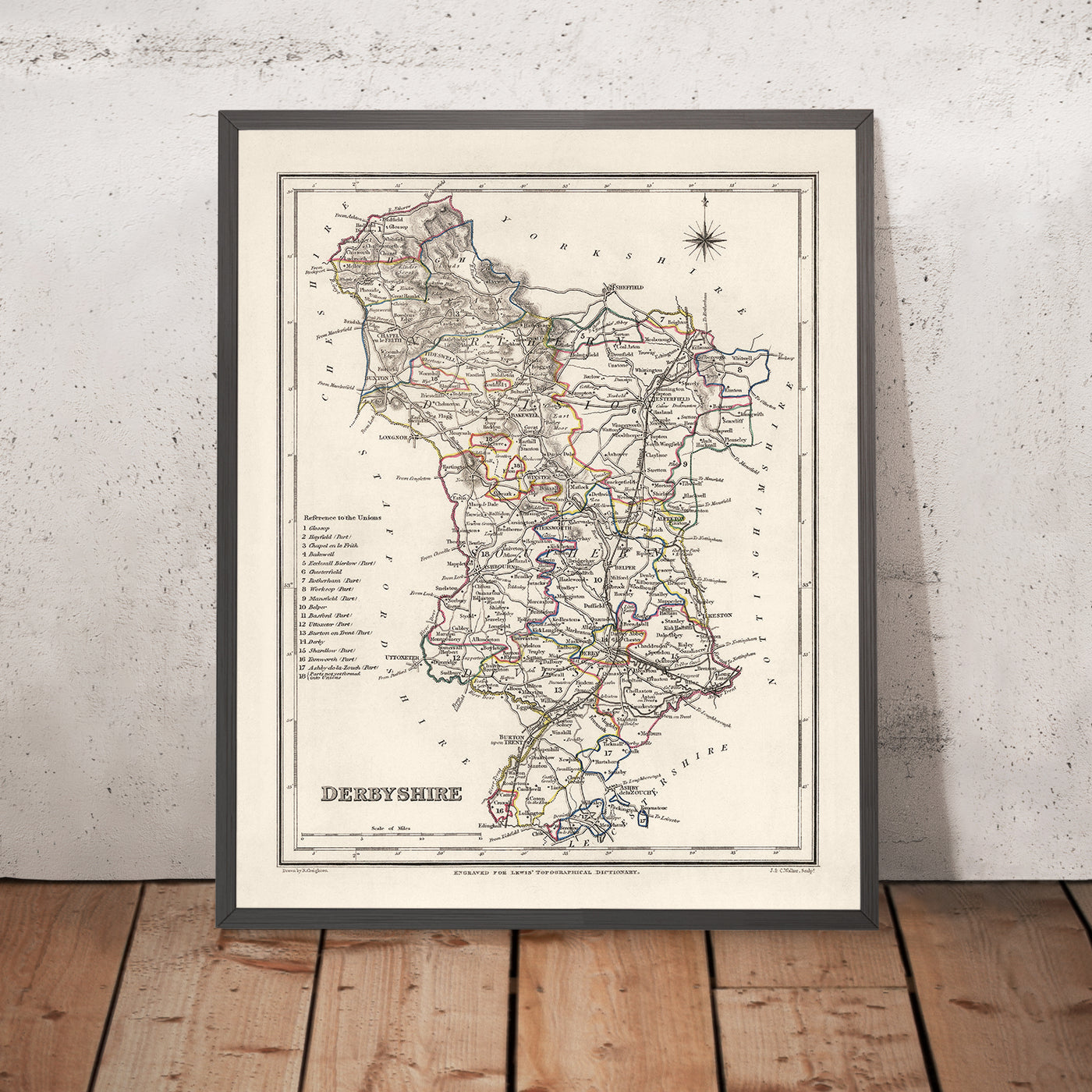 Old Map of Derbyshire by Samuel Lewis, 1844: Buxton, Ashbourne, Matlock, Bakewell, Chatsworth House