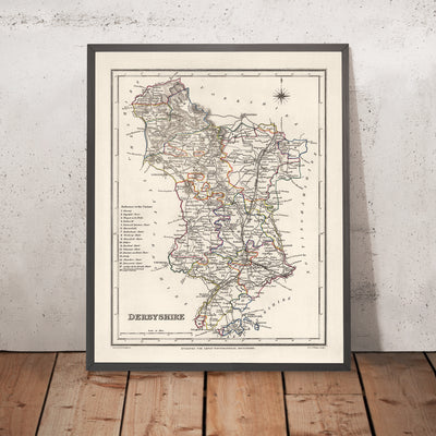 Old Map of Derbyshire by Samuel Lewis, 1844: Buxton, Ashbourne, Matlock, Bakewell, Chatsworth House