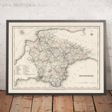 Alte Karte von Devon von Samuel Lewis, 1844: Exeter, Plymouth, Torquay, Paignton und Barnstaple 