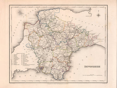 Old Map of Devon by Samuel Lewis, 1844: Exeter, Plymouth, Torquay, Paignton, and Barnstaple